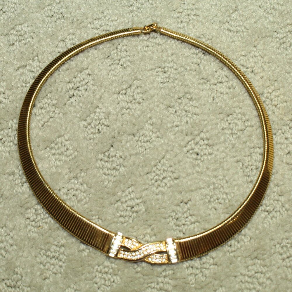 CD Christian Dior Omega Gold Tone Choker Collar Necklace Rhinestone Baguette Vtg